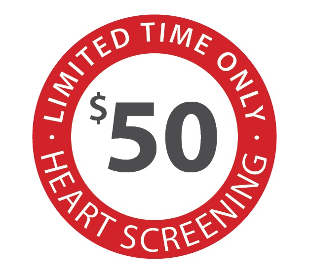 Red circle that saying "limited time only heart screening" with $50 in the middle for coronary calcium screening test