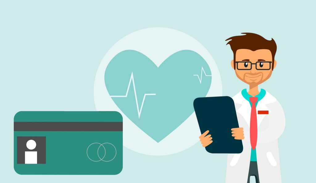 cartoon of health insurance card, heart with heartbeat and doctor holding tablet
